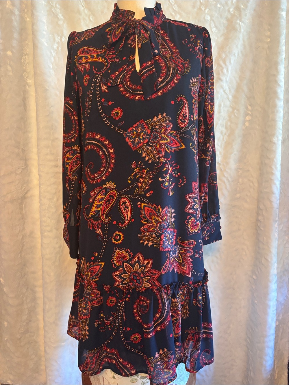 LOFT Navy Paisley Tie Neck Ruffle Hem Midi Dress Size M